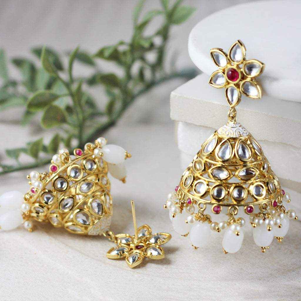 White Statement Kundan Jhumke I Earring - Rabal