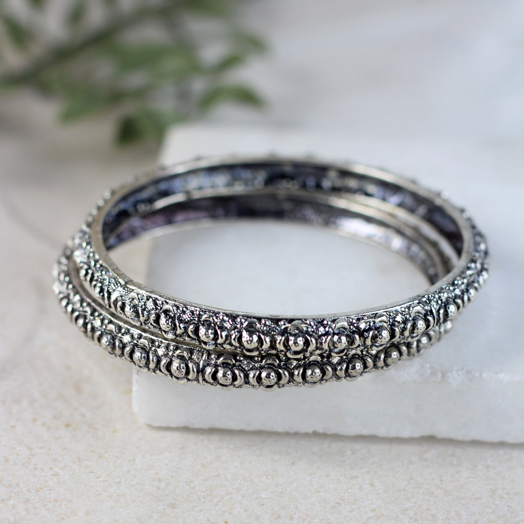 Silver Tribal Bangle Pair I Choorian - Rabal
