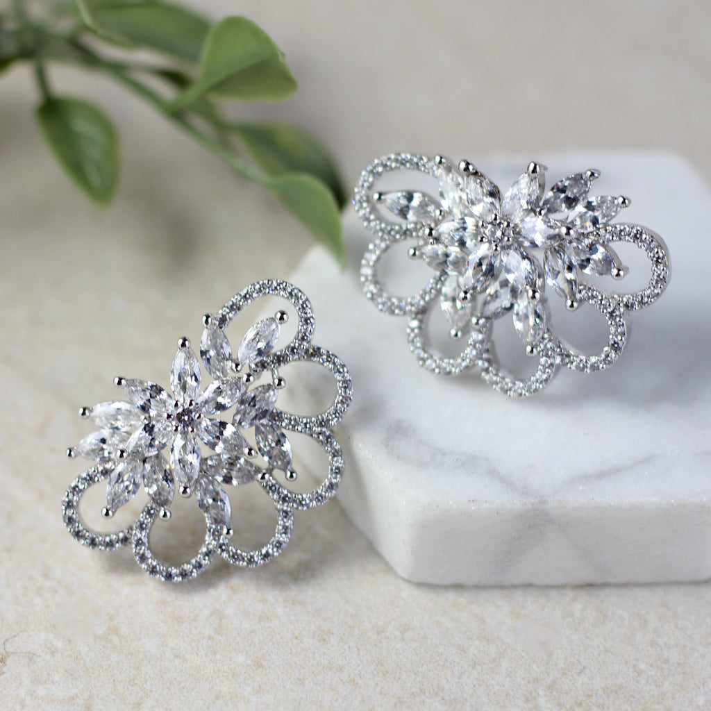 Silver Zircon Floral Stud Earring