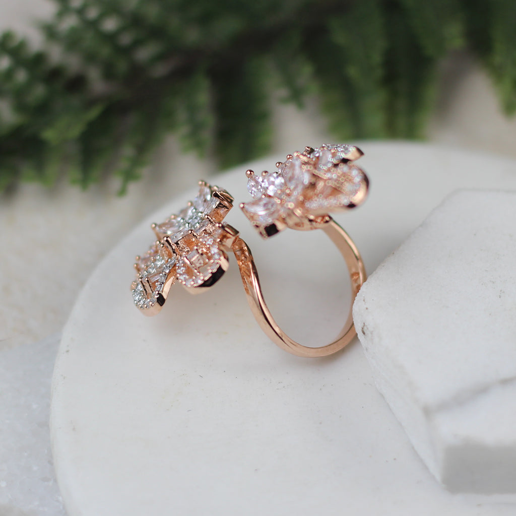 Floral Rose Gold Double Ring - Adjustable