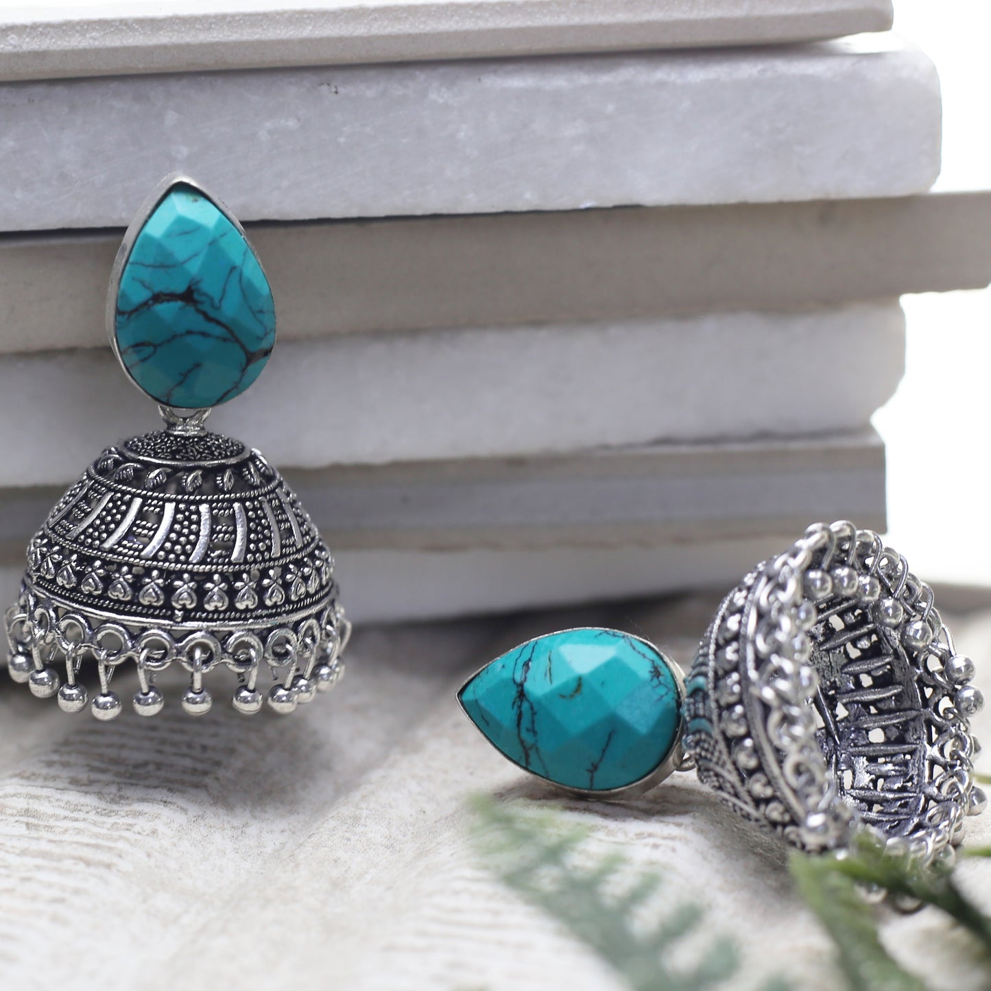 Turquoise Oxidised Jhumke I Earring