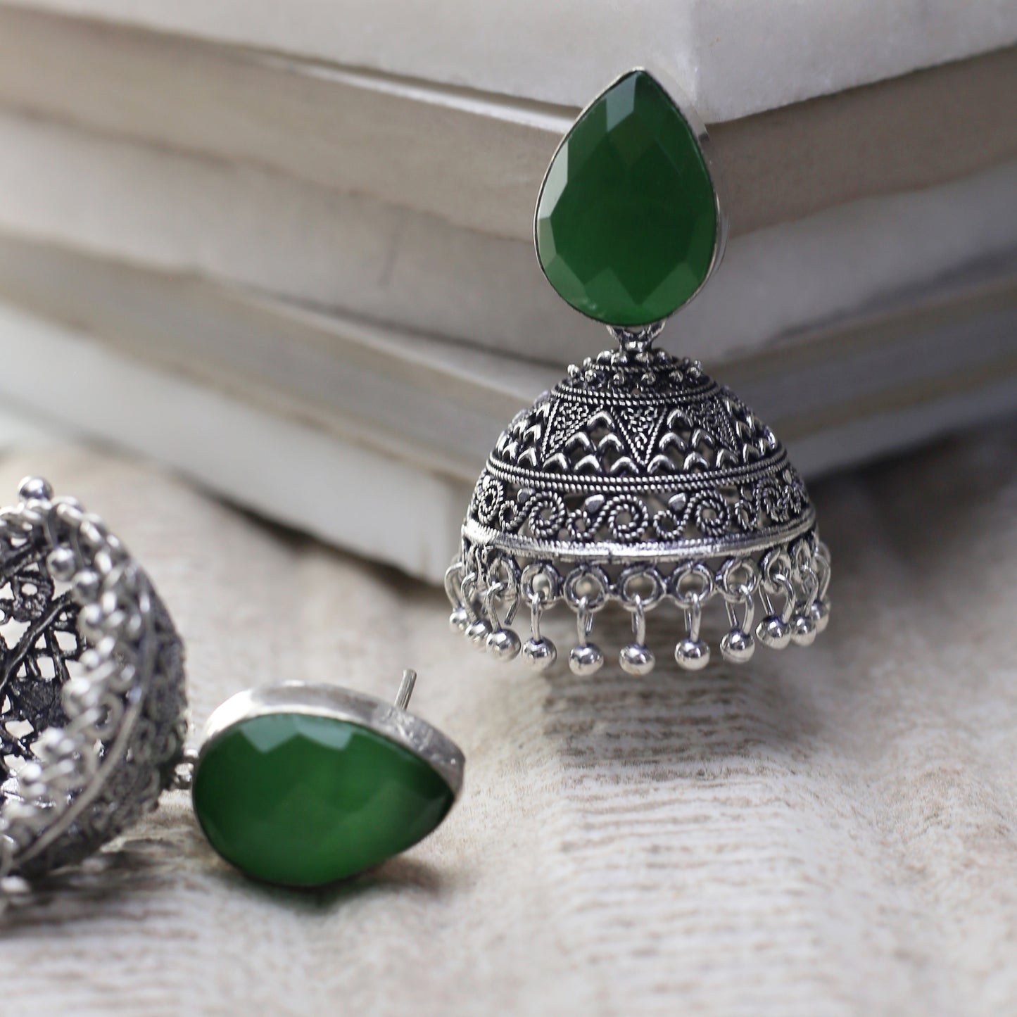 Green Oxidised Jhumke I Earring
