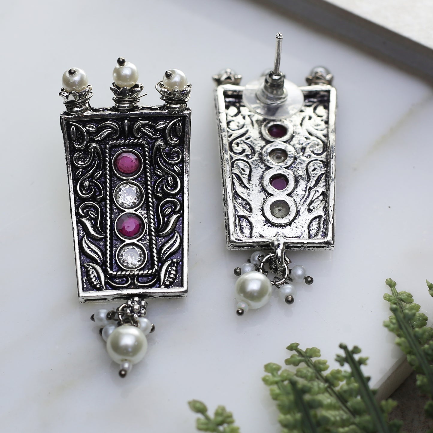 Ruby / White Tribal Curved Stud Earring
