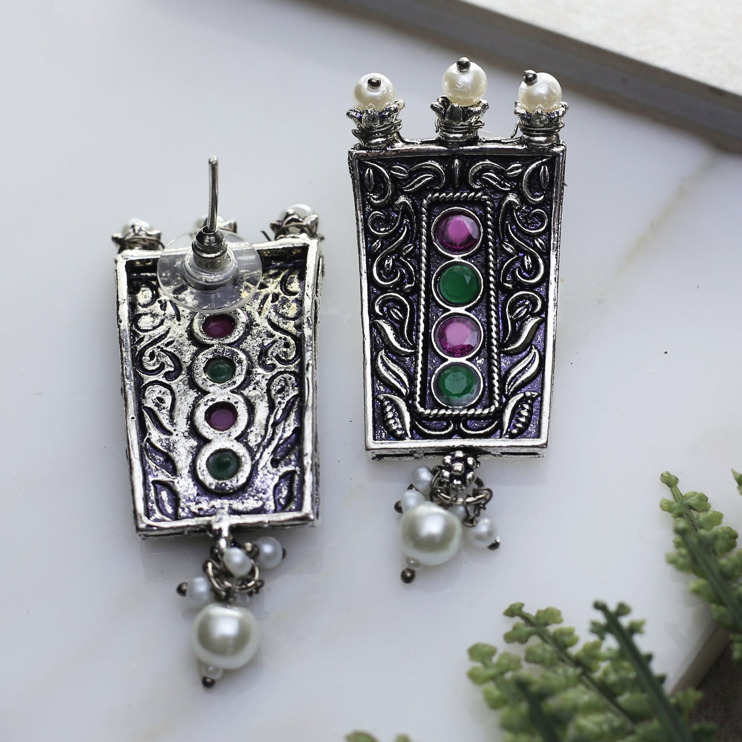 Ruby / Green Tribal Curved Stud Earring