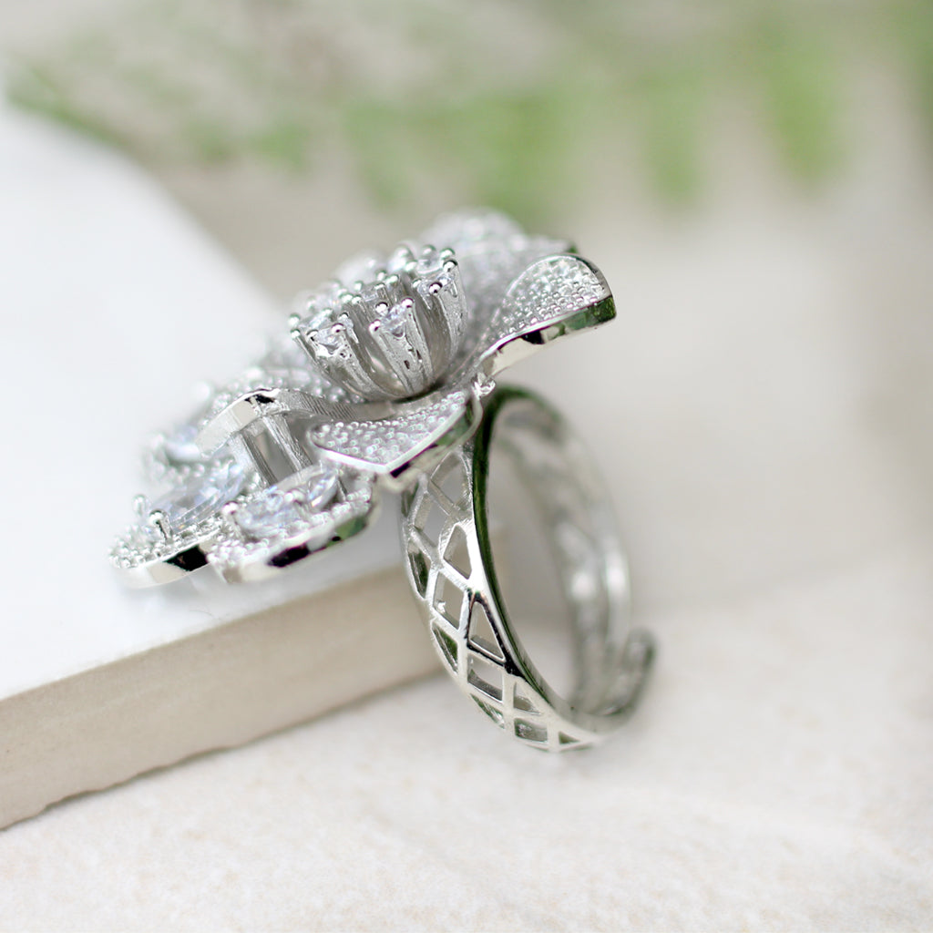 Silver Statement Flower Zircon Ring
