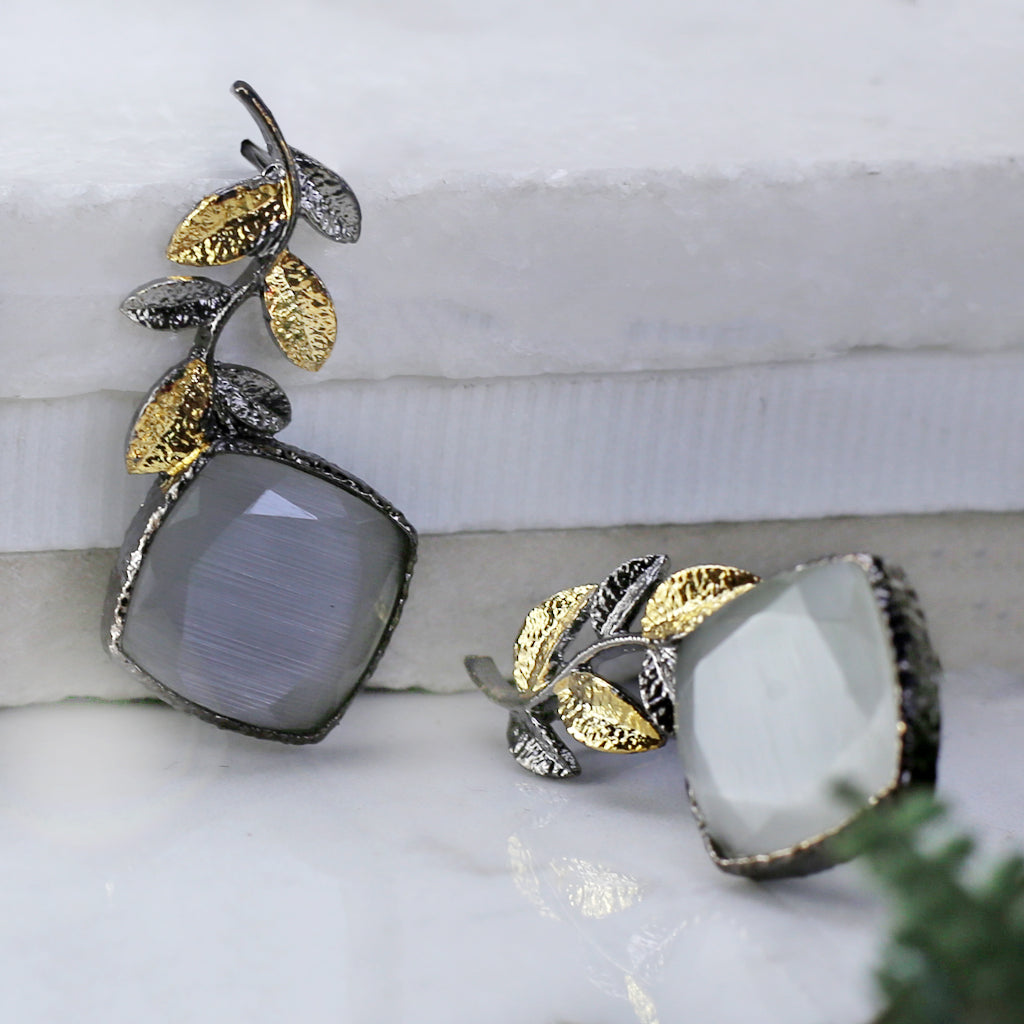 White Double Tone Leaf Earring
