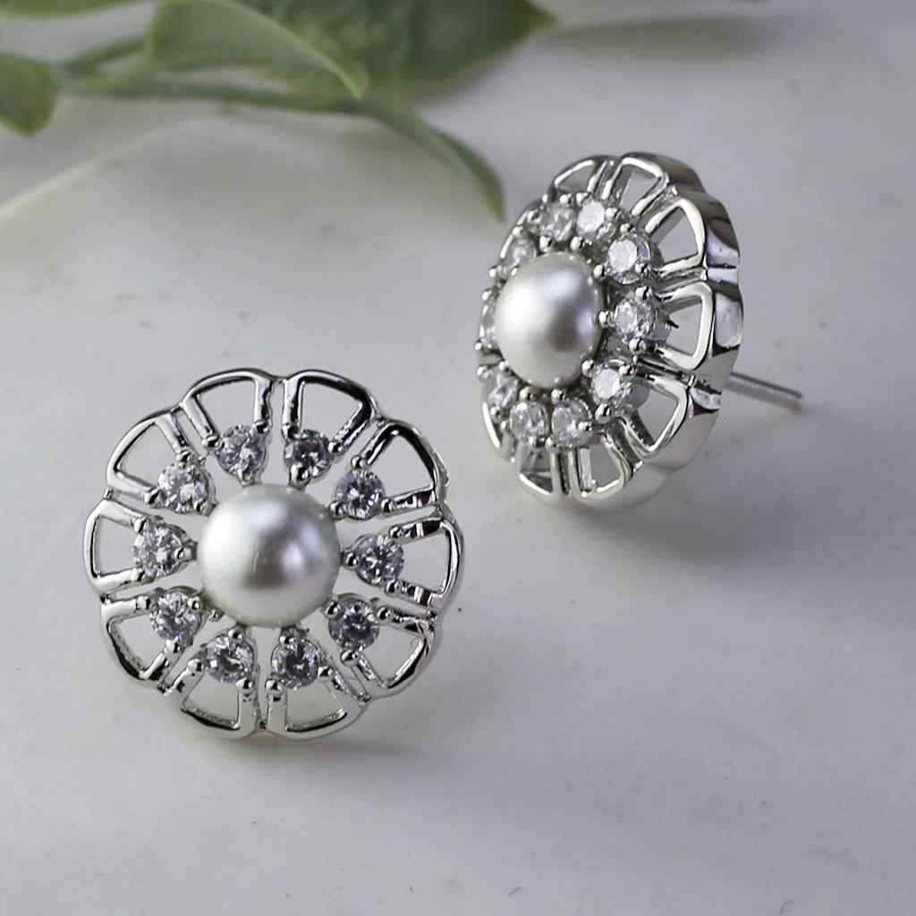 Silver Pearl Zircon Stud Earring