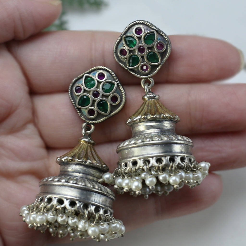 Green / Ruby Tribal Floral Jhumke I Earring