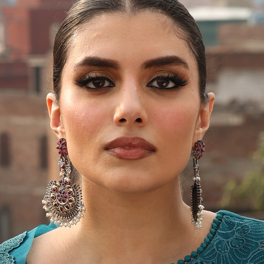 Ruby Flower Long Drop Earring