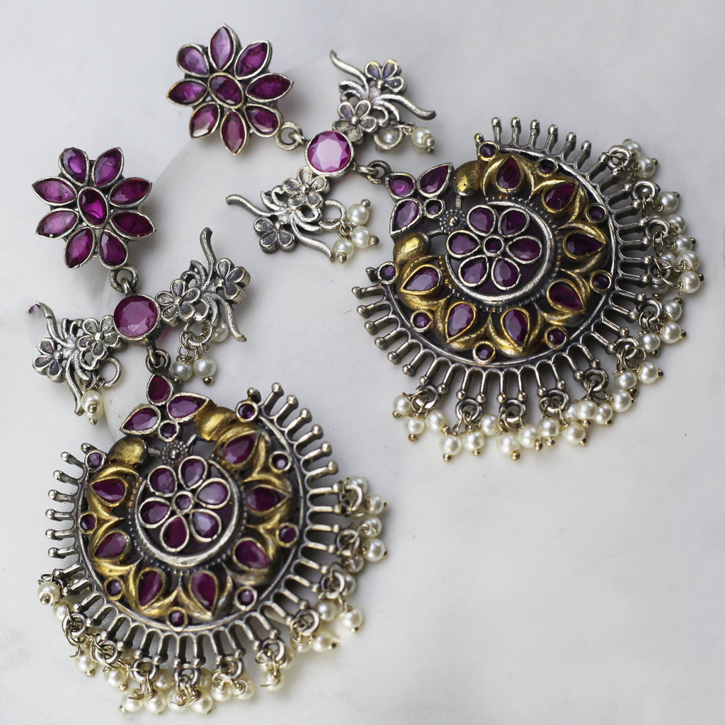 Ruby Flower Long Drop Earring
