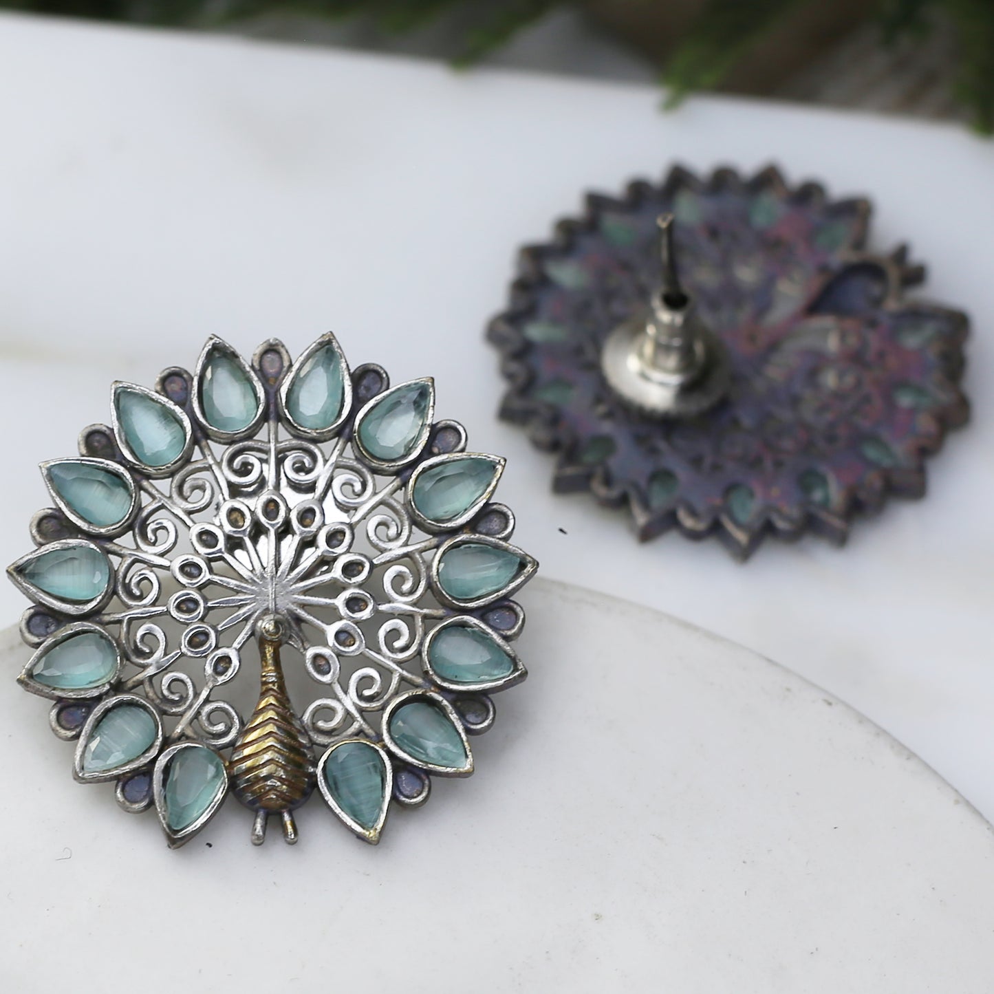 Mint Peacock Tribal Stud Earring
