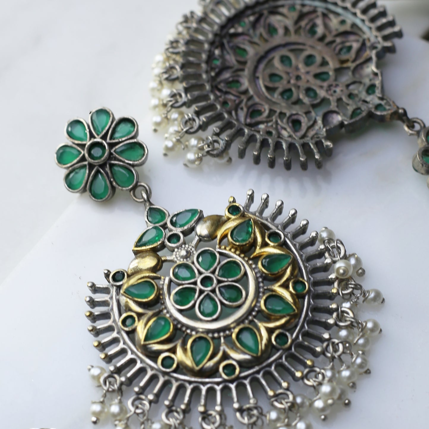 Green Tribal Flower Drop Earring