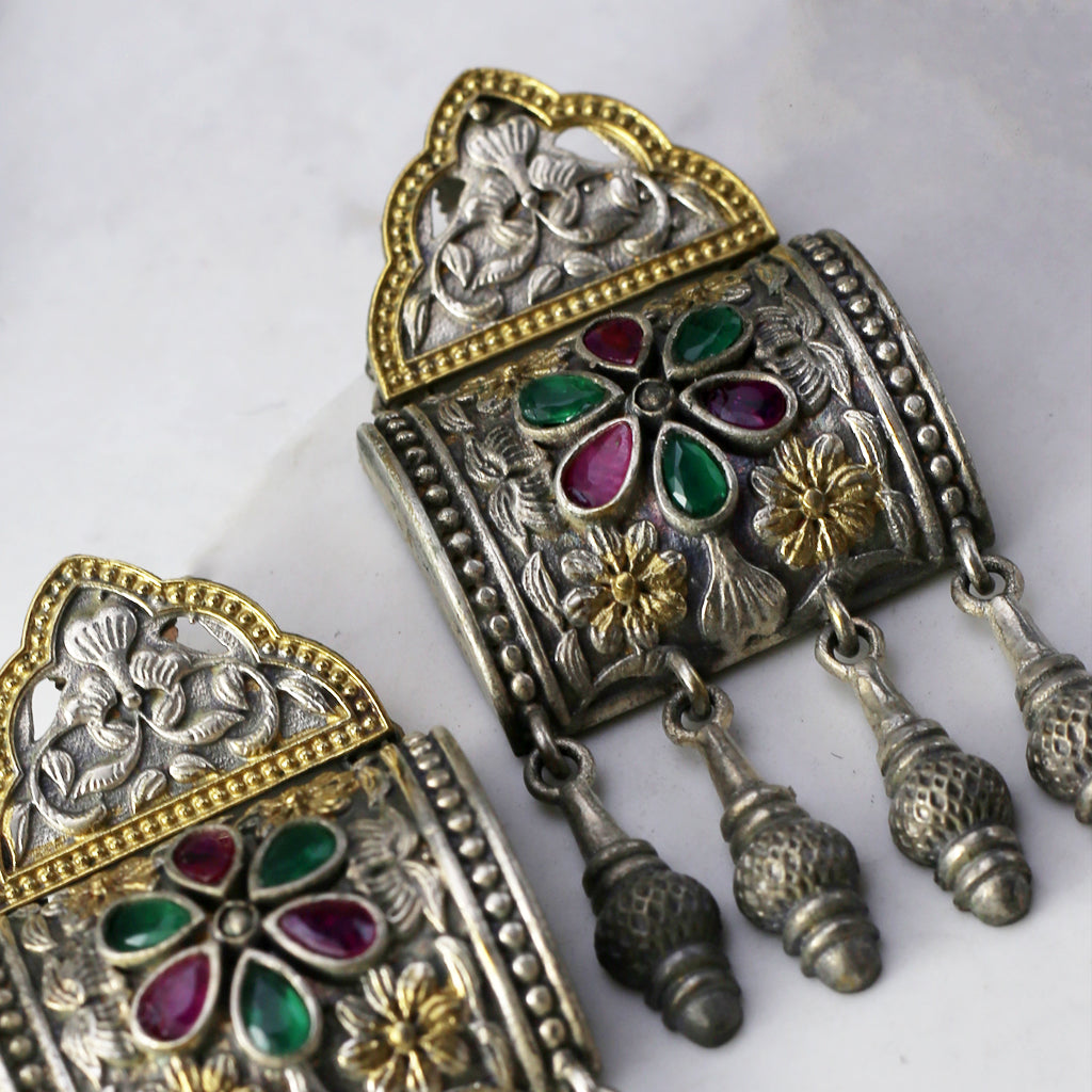 Ruby / Green Tribal Square Drop Earring