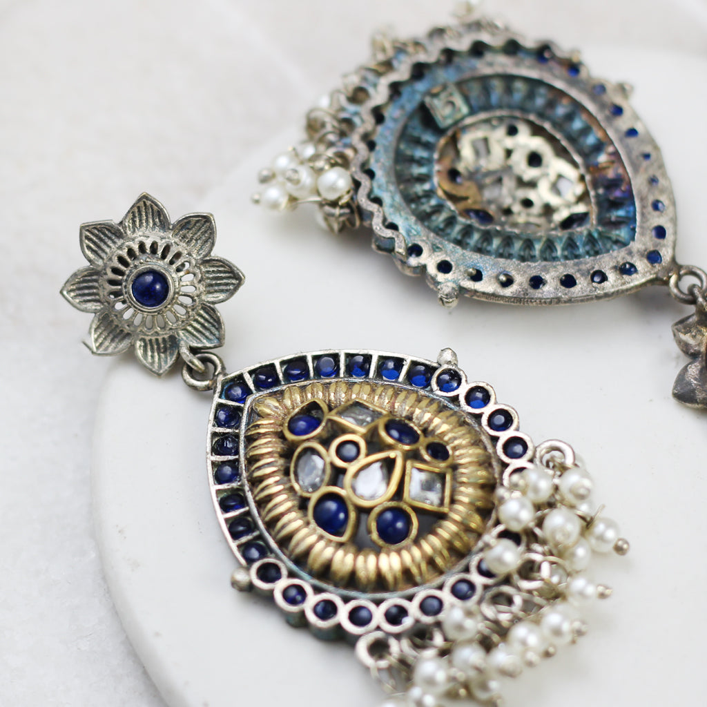 Blue Floral Statement Tribal Drop Earring