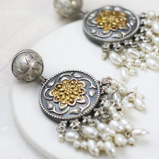 Statement Two Tone Pearl Drop Earring