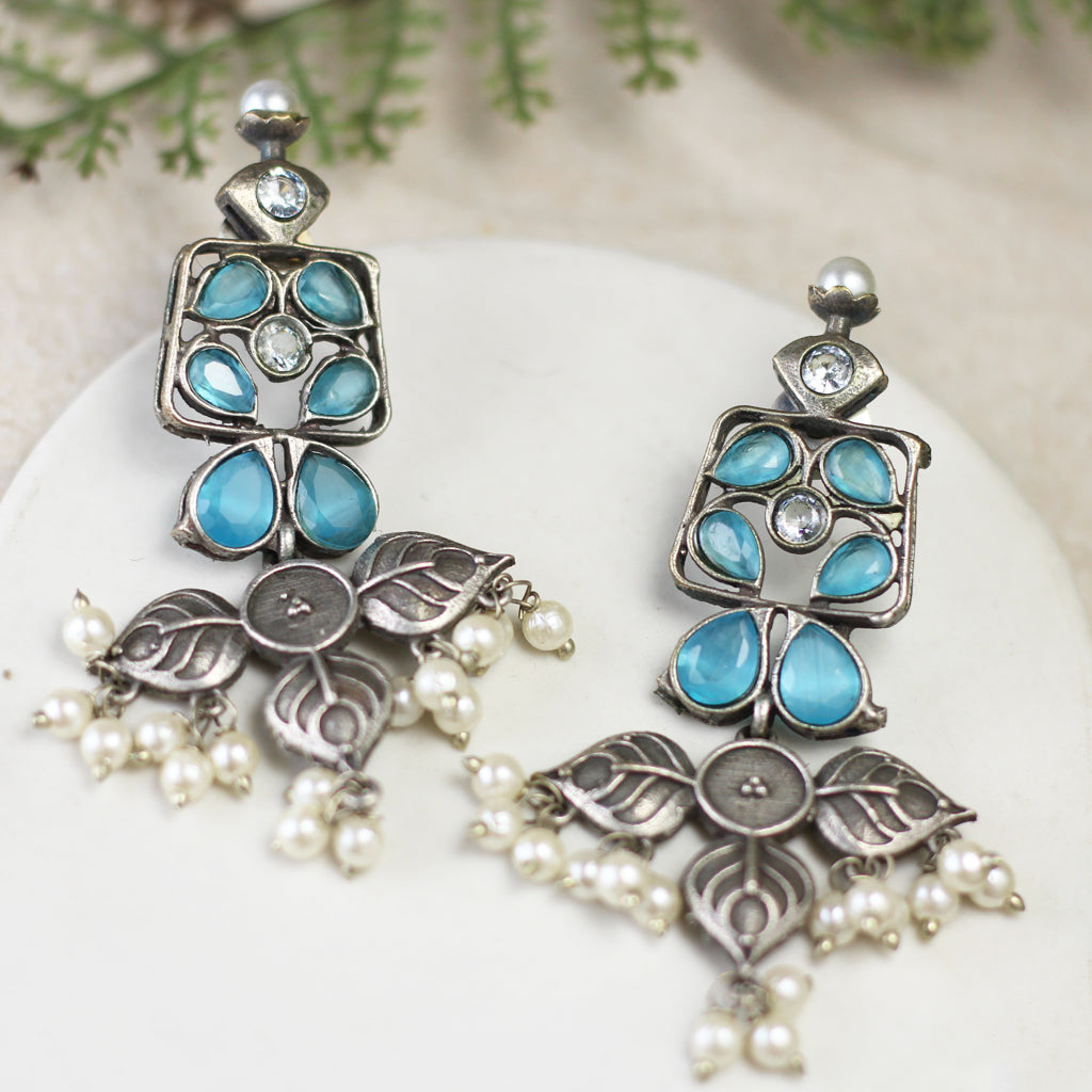 Blue Tribal Flower Drop Earring