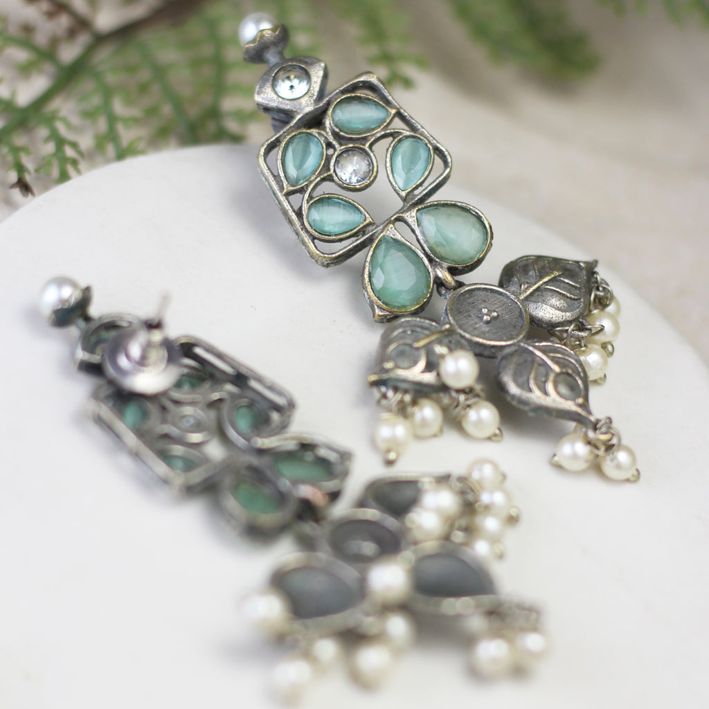 Green Tribal Flower Drop Earring