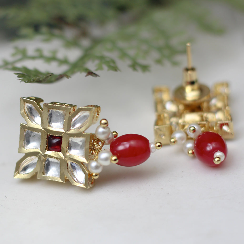 Red Kundan Square Stud Earring