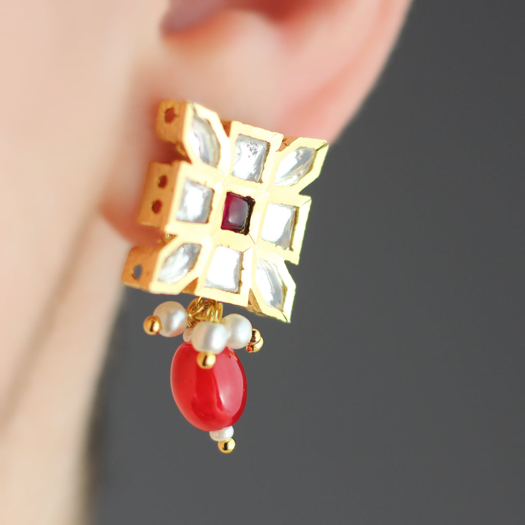 Red Kundan Square Stud Earring