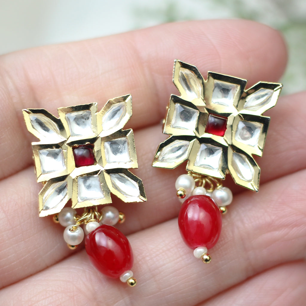 Red Kundan Square Stud Earring
