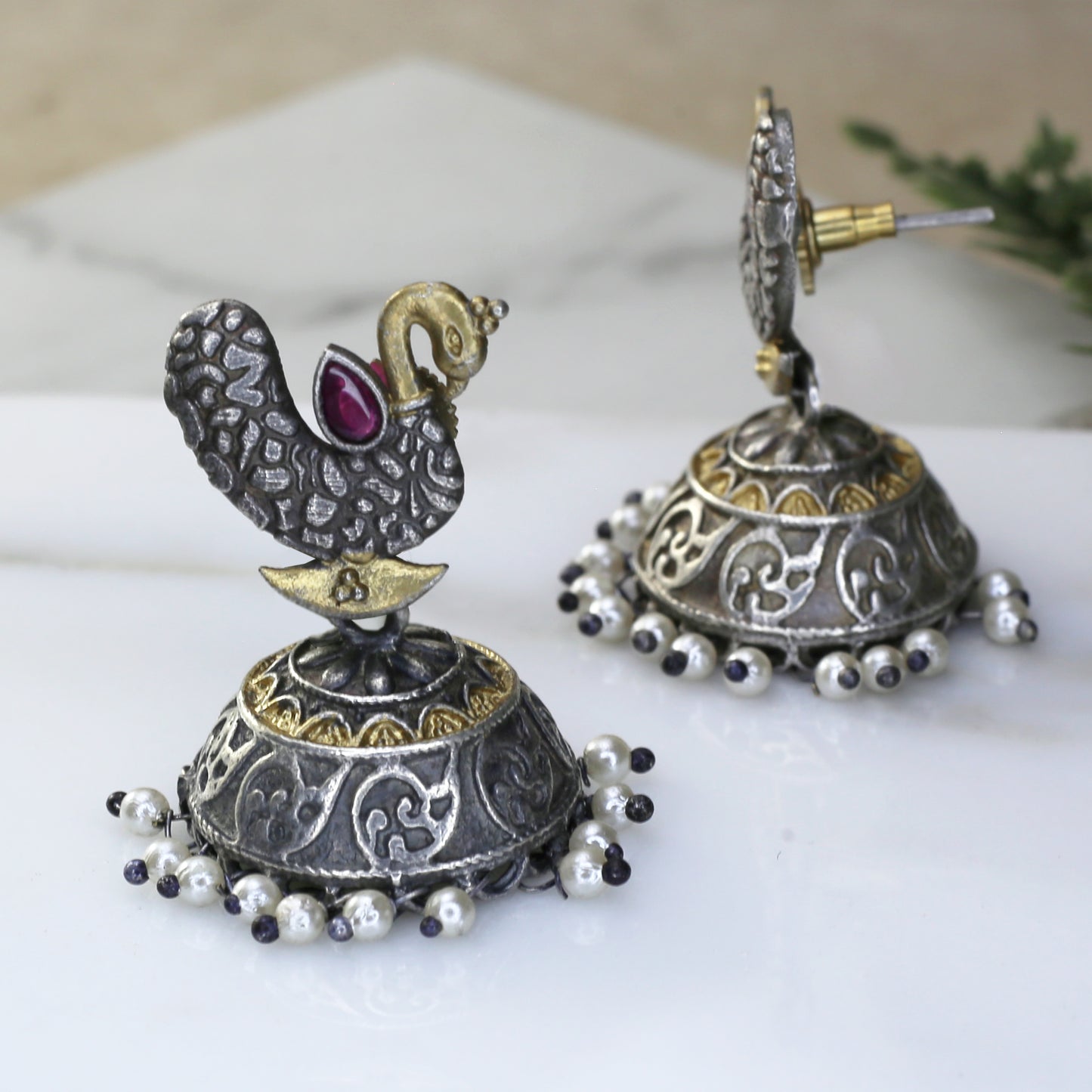 Ruby Peacock Oxidised Jhumke I Earring
