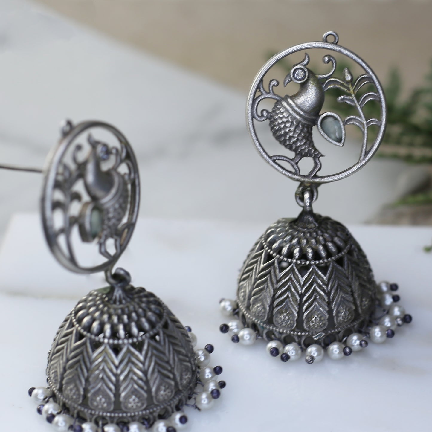 Mint Bird Oxidised Jhumke I Earring