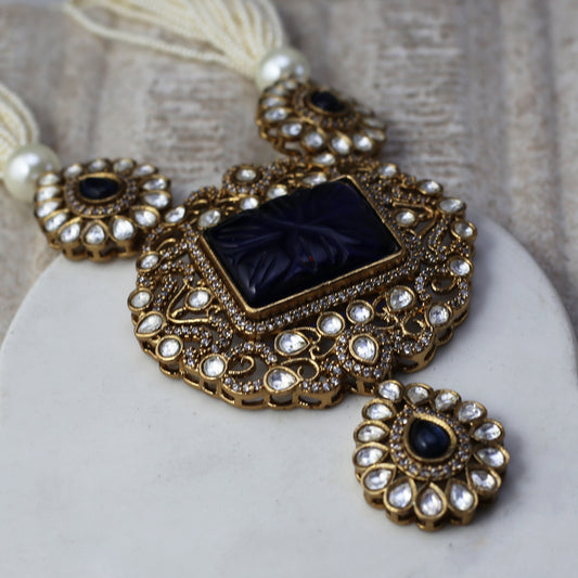 Blue Kundan Pear Pearl Mala
