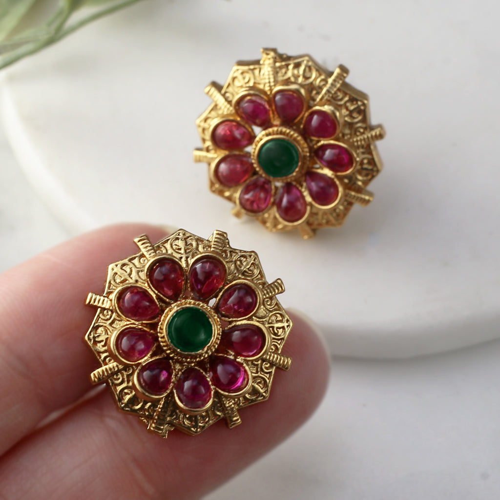 Green / Ruby Flower Stud Earring