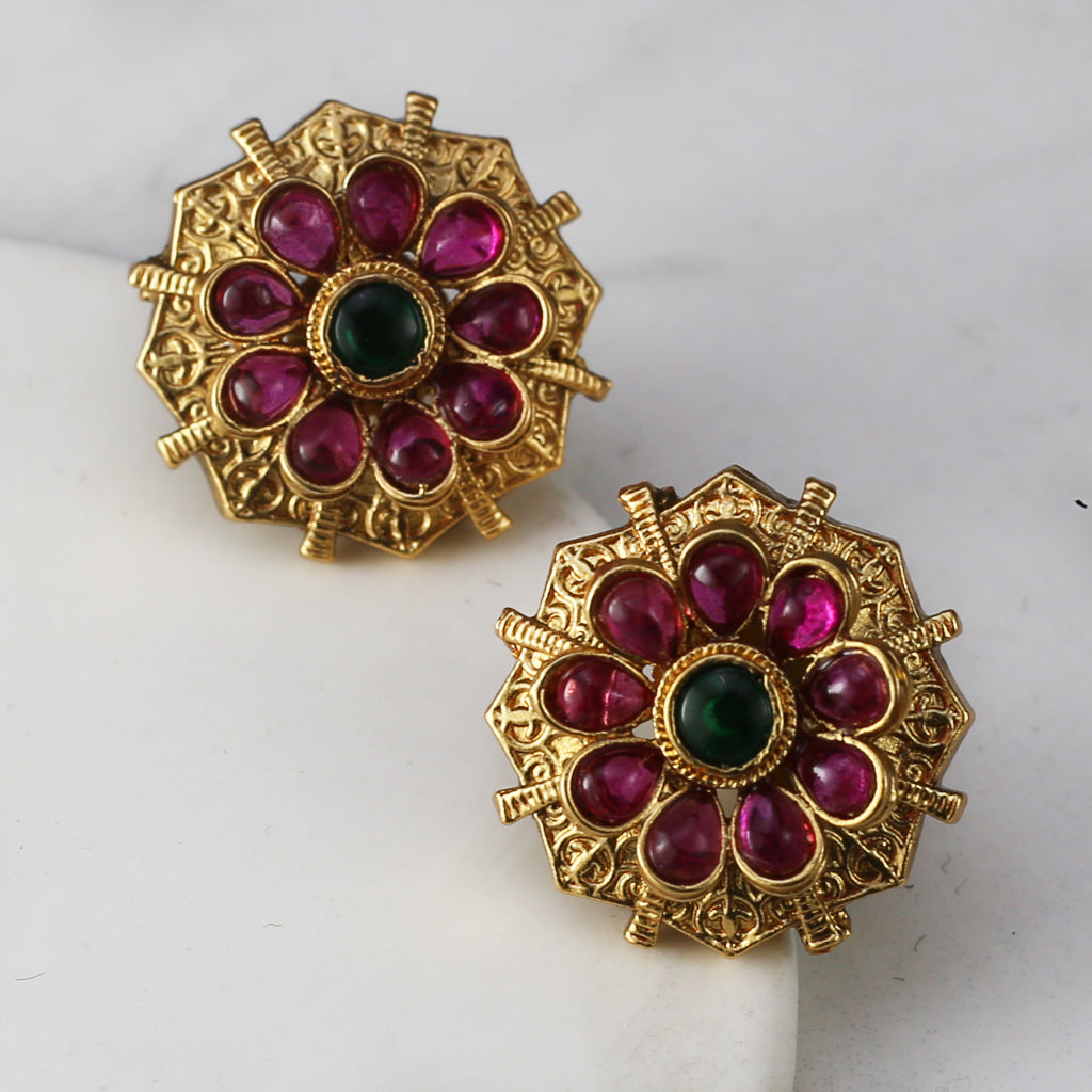 Green / Ruby Flower Stud Earring