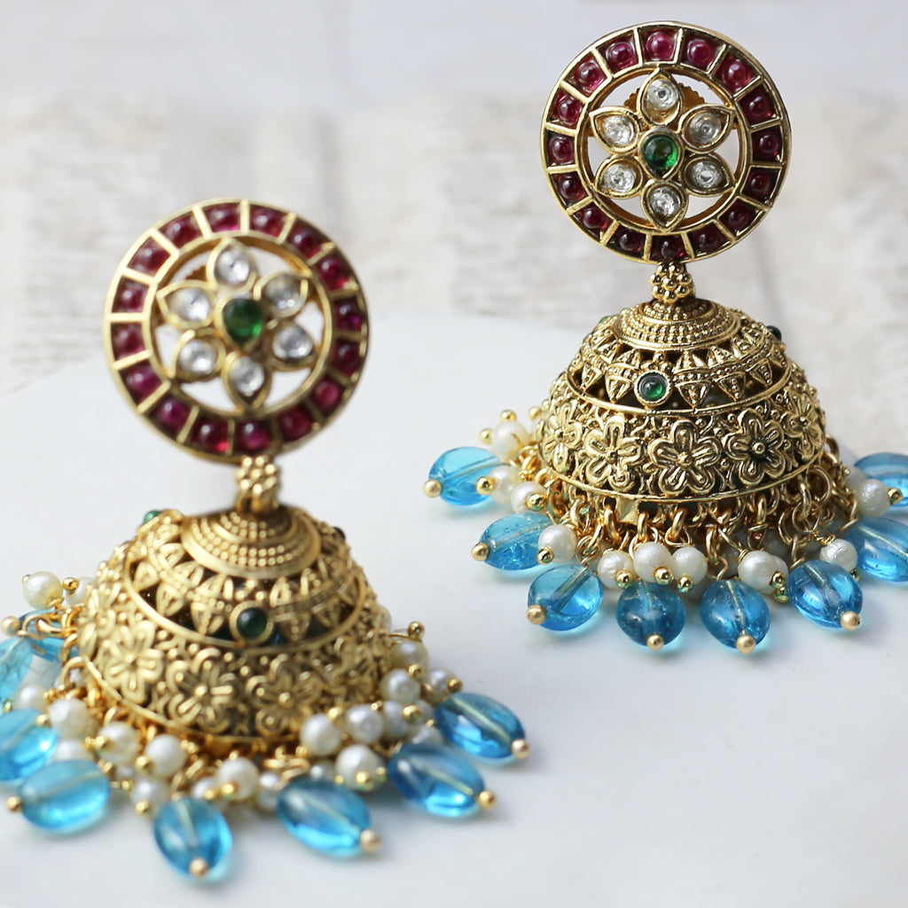Ruby / Blue Traditional Jhumke I Earring