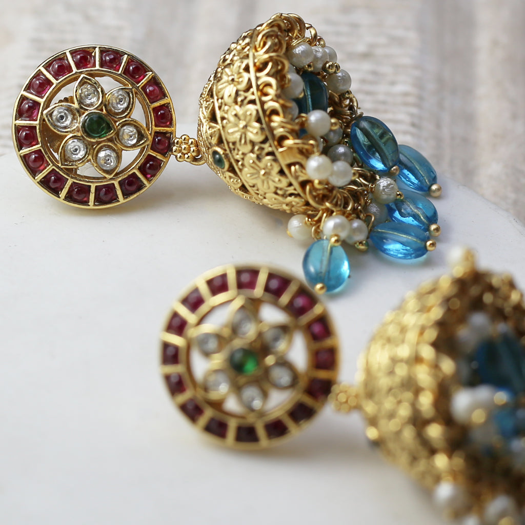 Ruby / Blue Traditional Jhumke I Earring