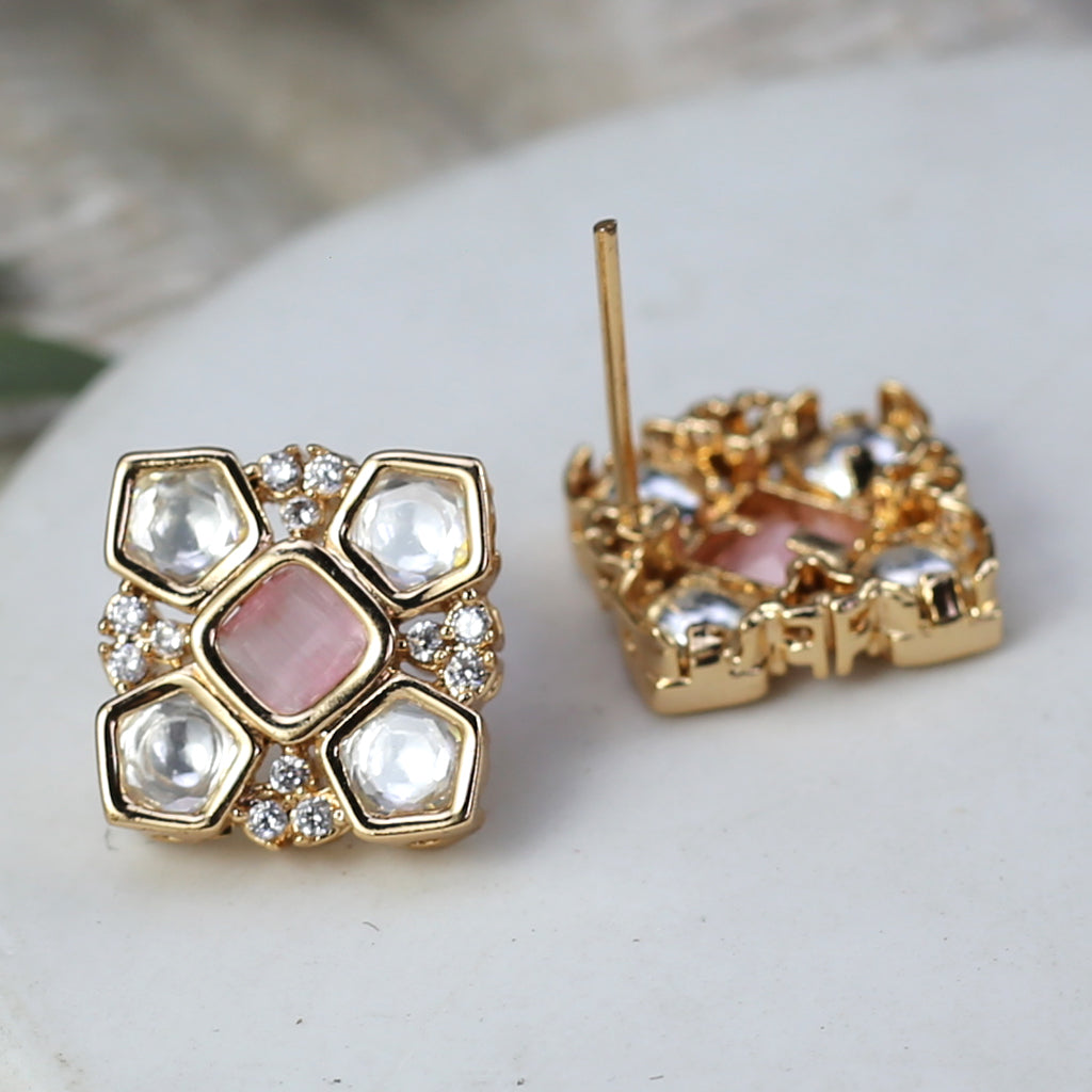 Pink Kundan Square Stud Earring