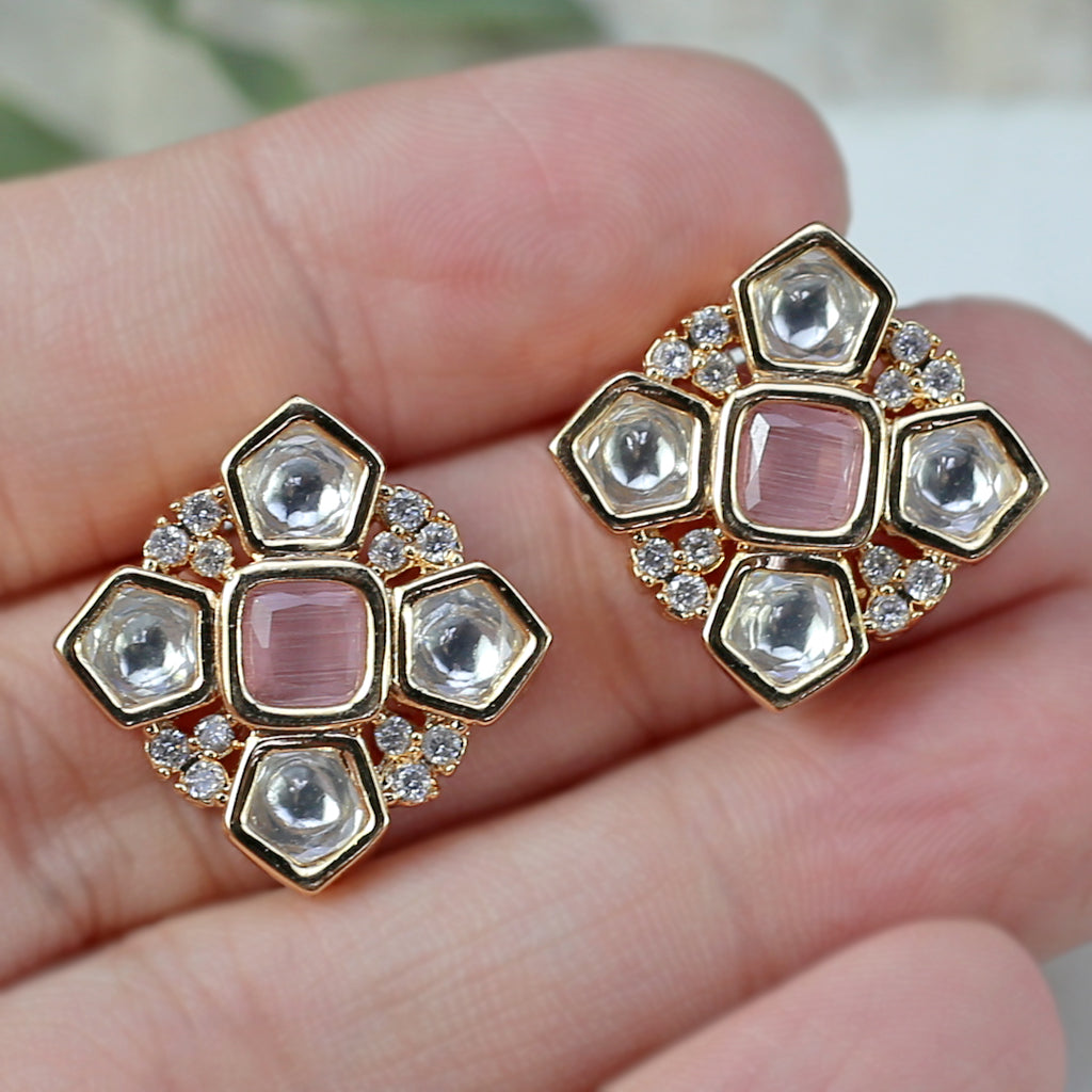 Pink Kundan Square Stud Earring