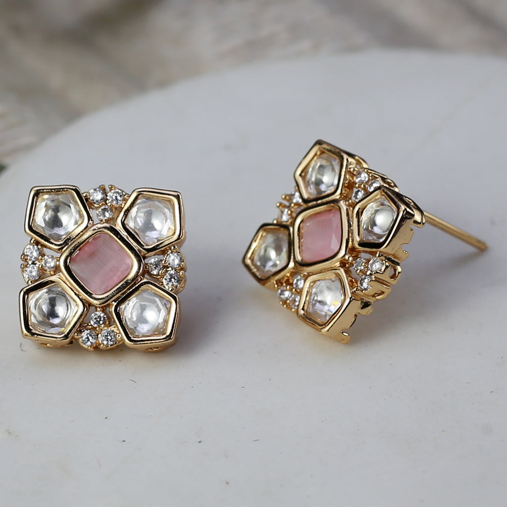 Pink Kundan Square Stud Earring