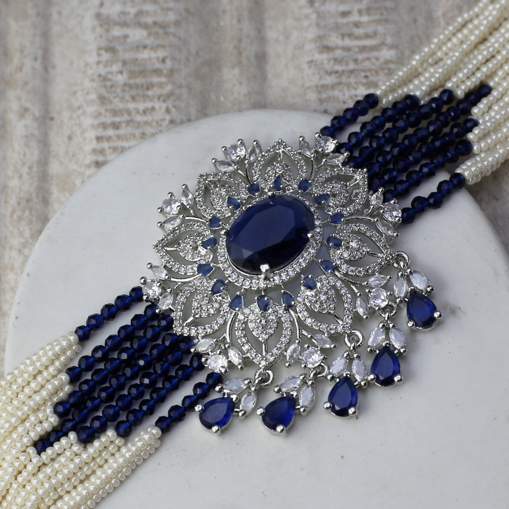 Blue Flower Silver Pearl Choker I Necklace - Rabal