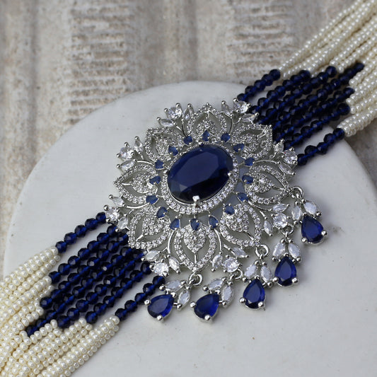 Blue Flower Silver Pearl Choker I Necklace - Rabal