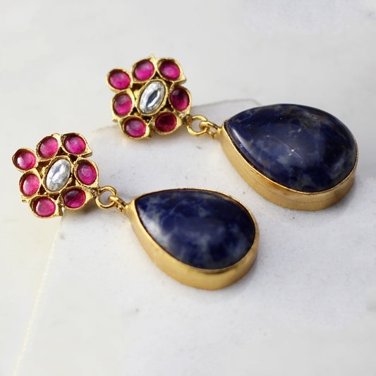 Ruby / Blue Flower Drop Earring - Rabal