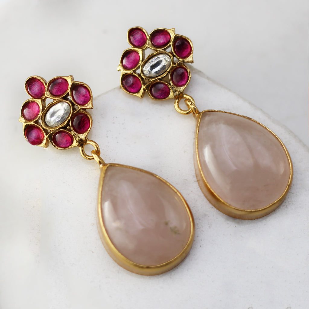 Ruby / Pink Flower Drop Earring - Rabal