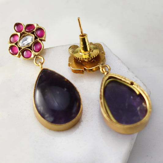 Ruby / Purple Flower Drop Earring - Rabal