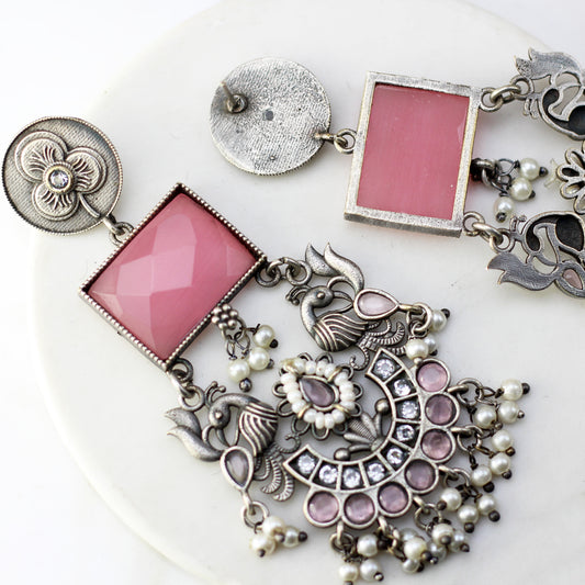 Pink Bird Tribal Pearl Drop Earring - Rabal