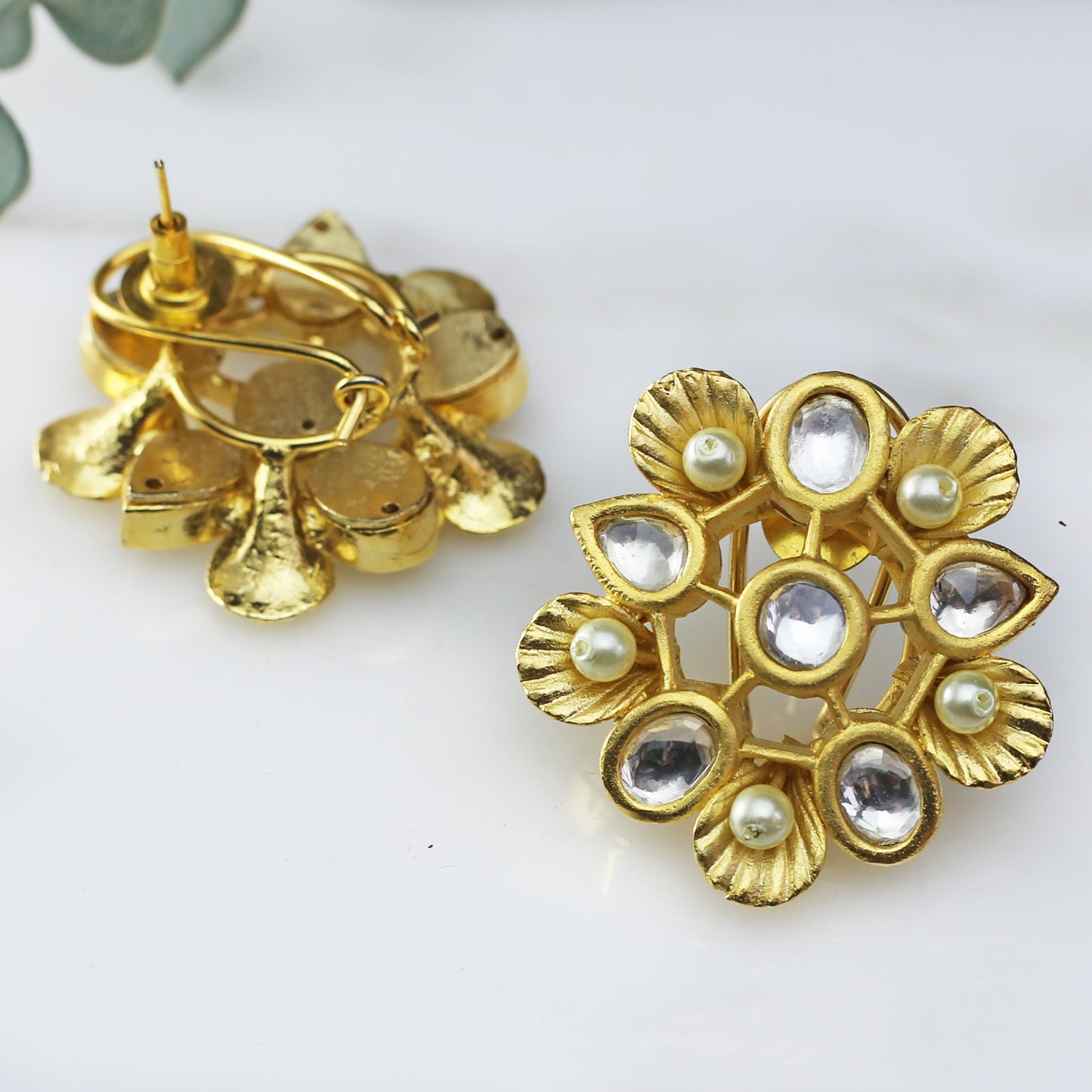 Gold Statement Kundan Flower Stud Earring - Rabal