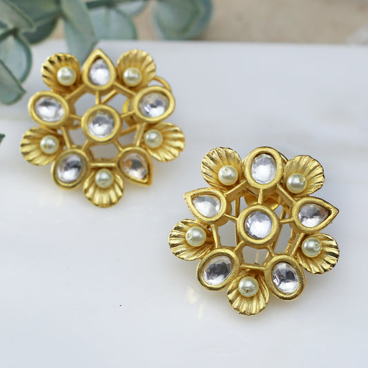 Gold Statement Kundan Flower Stud Earring - Rabal