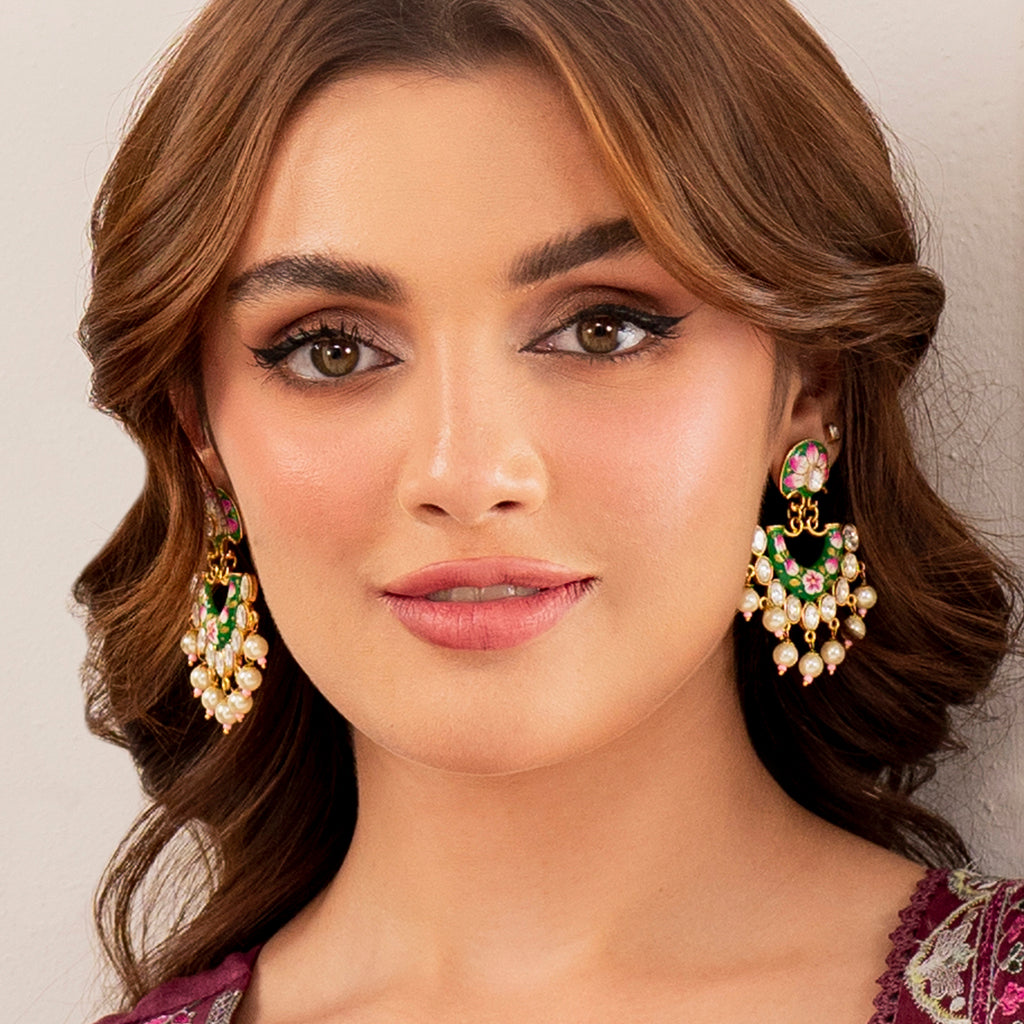 Pink / White Kundan Hand Painted Pearl Earring - Rabal