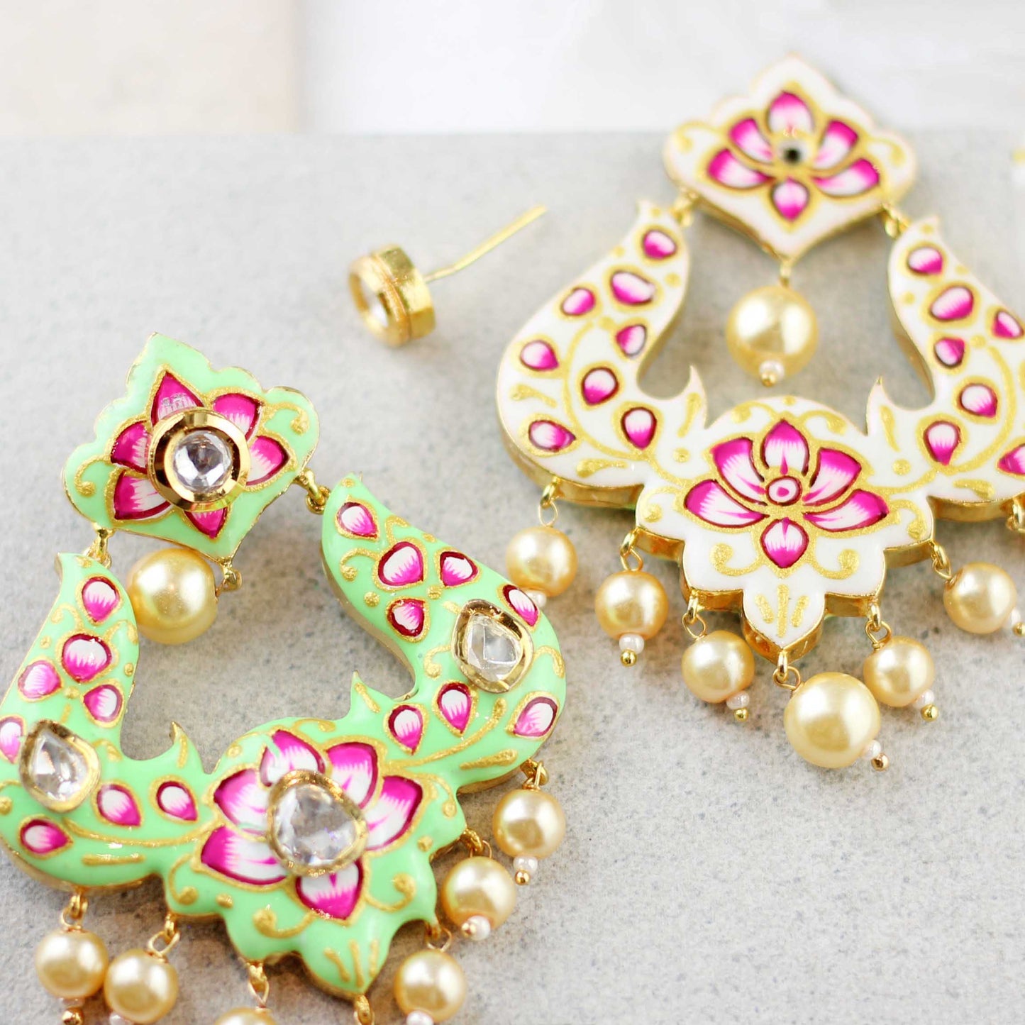 White / Green Double Sided Hand Painted Earring - Rabal
