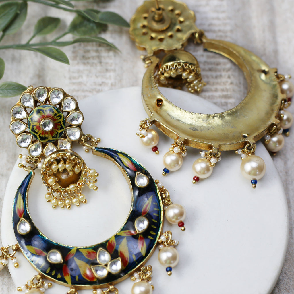 Blue Hand Painted Kundan Statement Earring