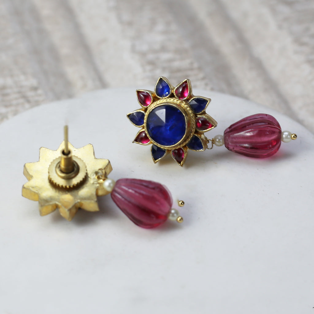 Blue / Pink Kundan Flower Drop Earring