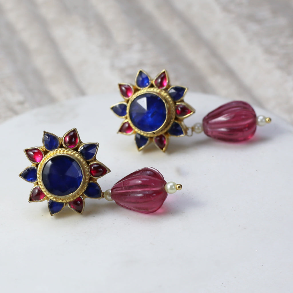 Blue / Pink Kundan Flower Drop Earring