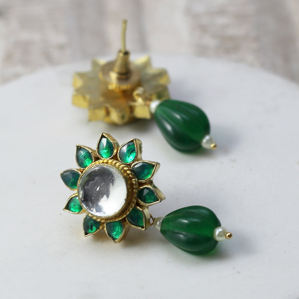 Green Kundan Flower Drop Earring