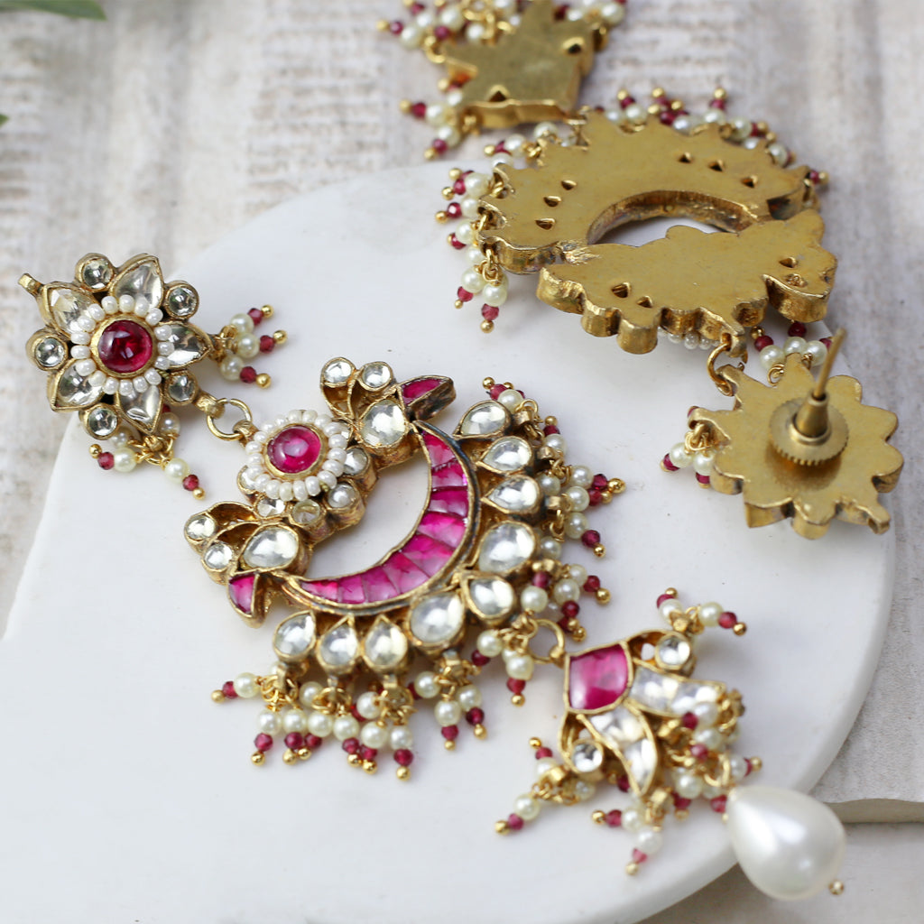 Pink Kundan Pearl Drop Earring