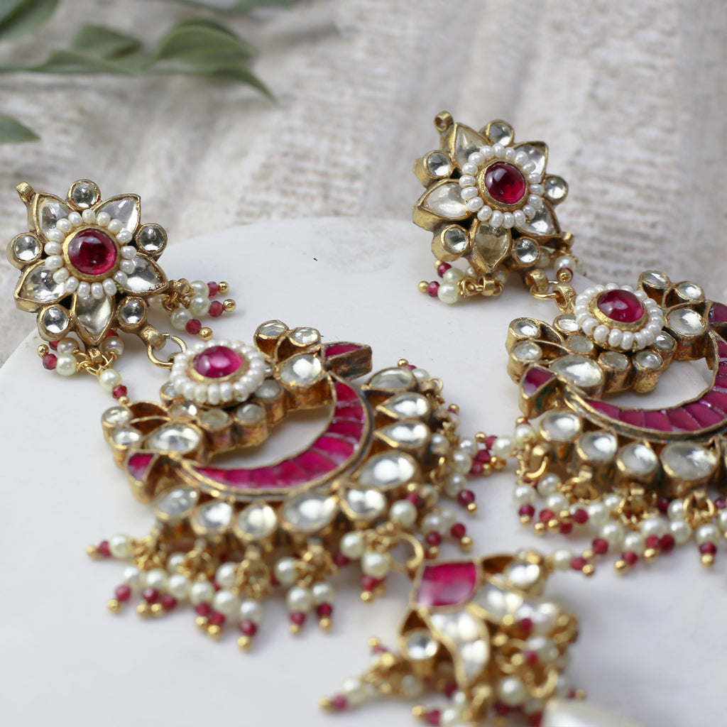 Pink Kundan Pearl Drop Earring